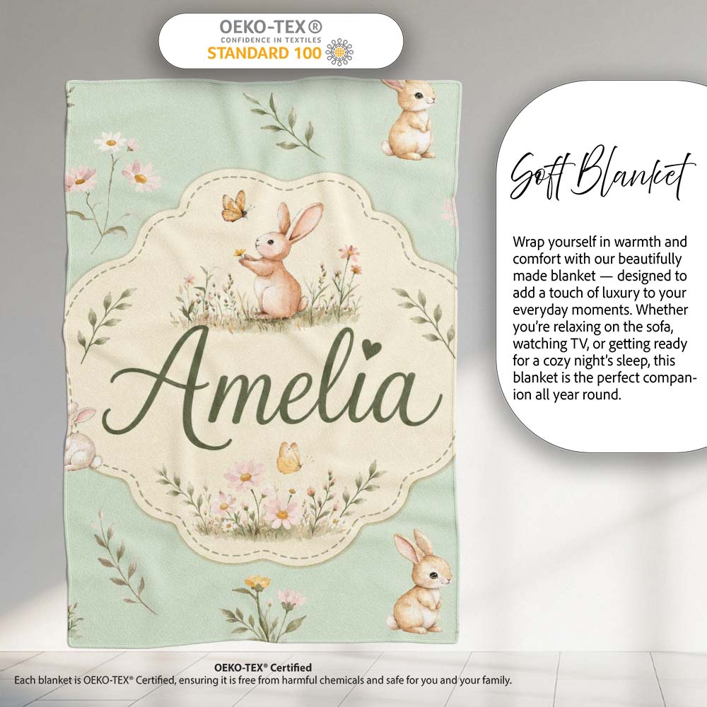 Watercolor Bunny Butterfly Floral Meadow Soft Sage Pattern Name Cute Personalised Custom Name Super Soft Fleece Blanket Bed Sofa Throw