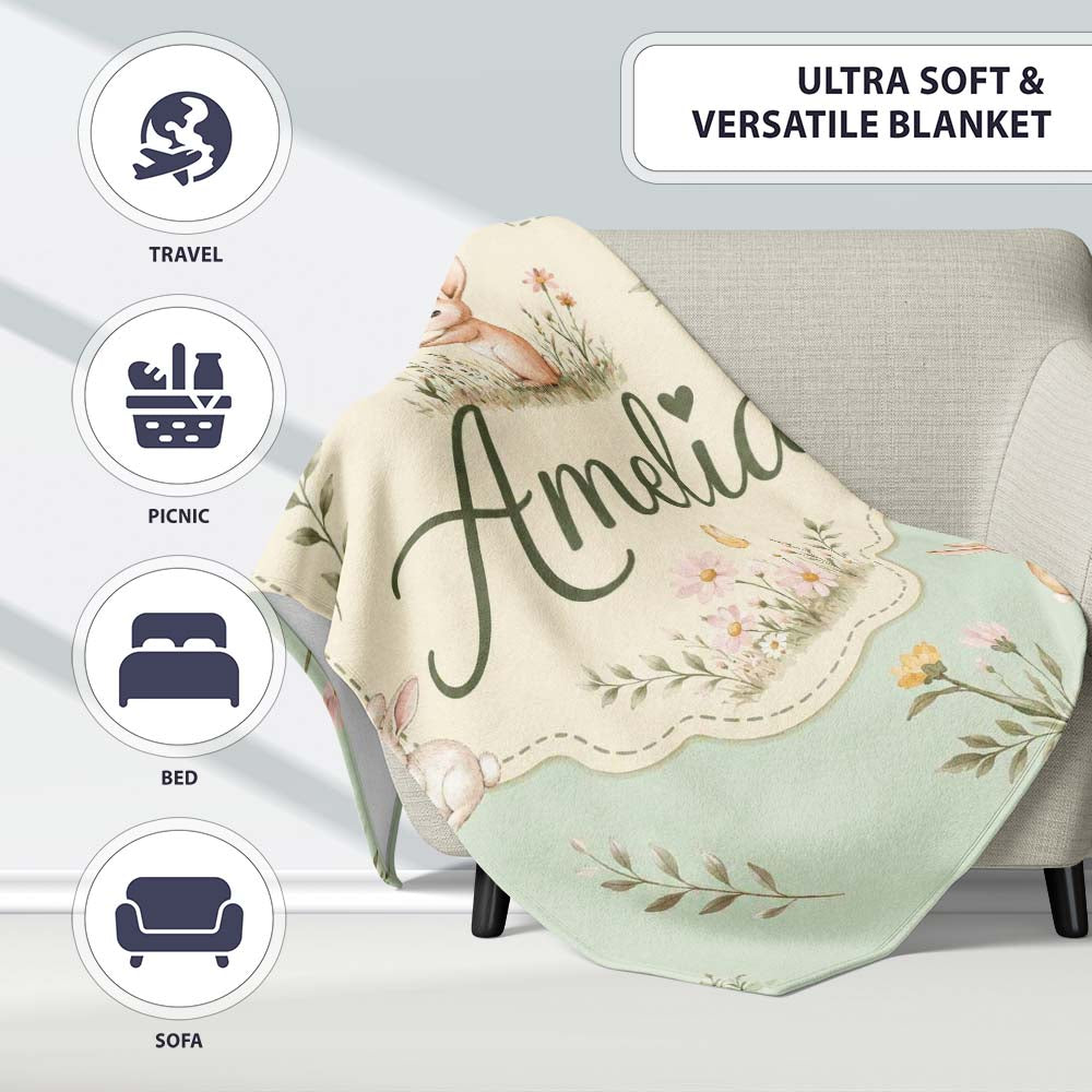 Watercolor Bunny Butterfly Floral Meadow Soft Sage Pattern Name Cute Personalised Custom Name Super Soft Fleece Blanket Bed Sofa Throw
