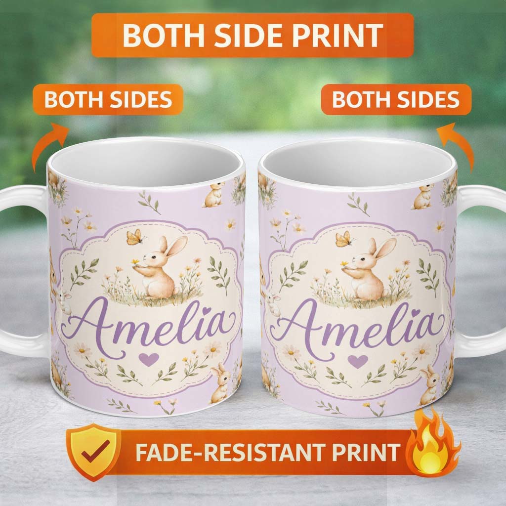 Personalized Custom Name Watercolor Bunny Butterfly Floral Meadow Pale Lilac Pattern Name 11oz Ceramic Coffee Tea Mug White Large Handle