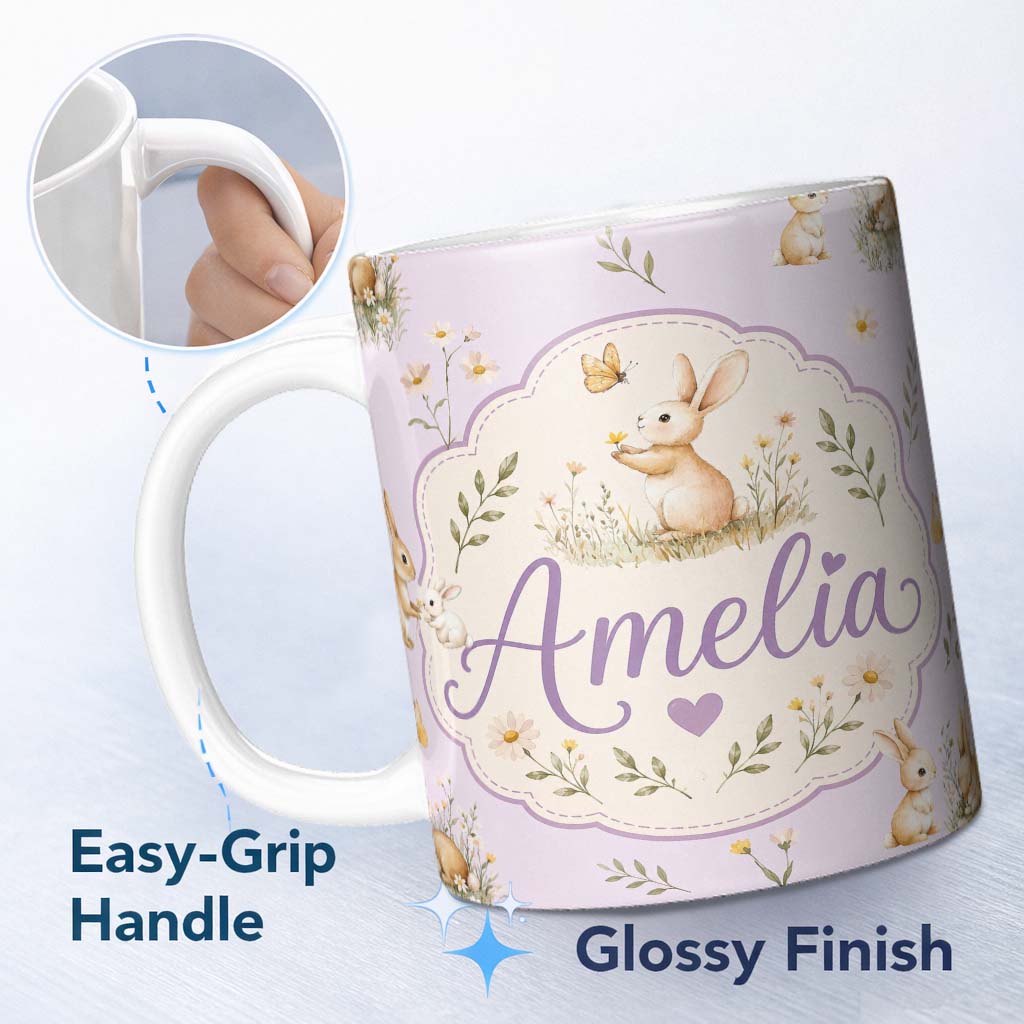 Personalized Custom Name Watercolor Bunny Butterfly Floral Meadow Pale Lilac Pattern Name 11oz Ceramic Coffee Tea Mug White Large Handle