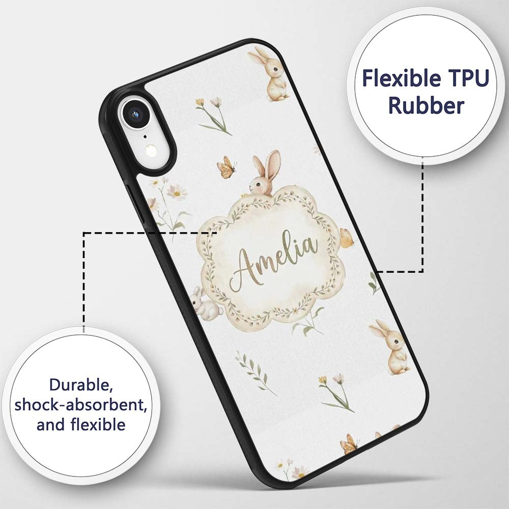 Watercolor Bunny Butterfly Floral Meadow Neutral Custom Name Protective Phone Case Mobile Cover Durable Everyday Smartphone Shock Resistant
