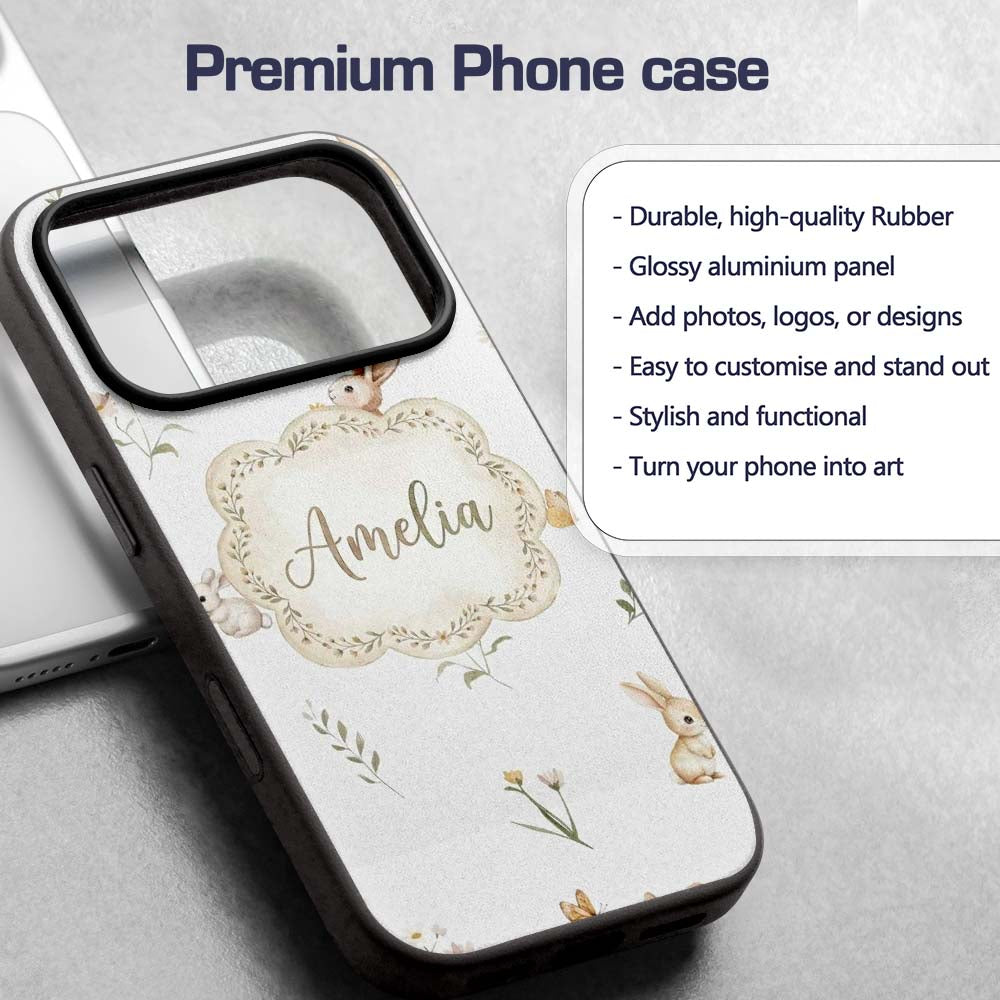 Watercolor Bunny Butterfly Floral Meadow Neutral Custom Name Protective Phone Case Mobile Cover Durable Everyday Smartphone Shock Resistant