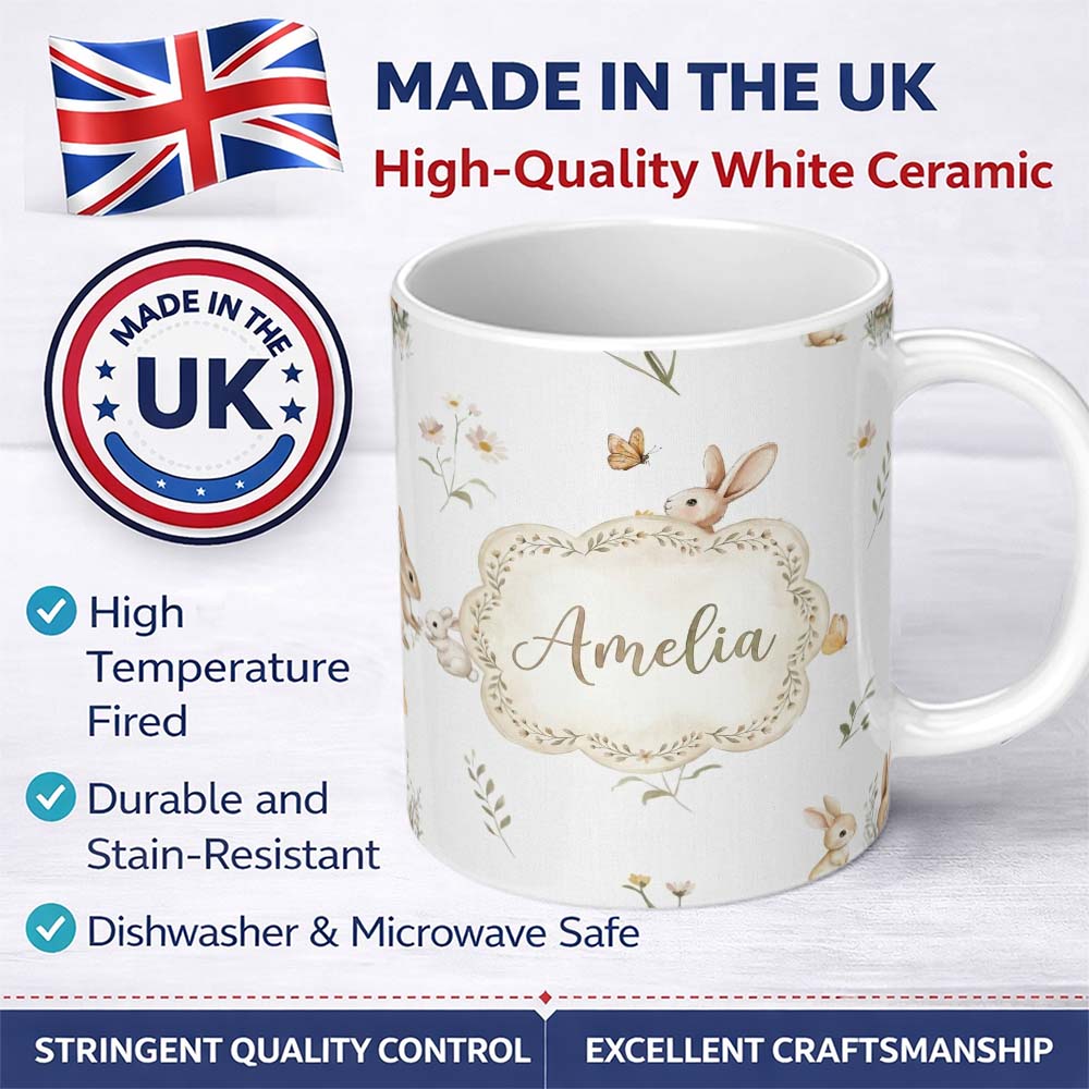 Personalized Custom Name Watercolor Bunny Butterfly Floral Meadow Neutral Tone Pattern Name 11oz Ceramic Coffee Tea Mug White Large Handle