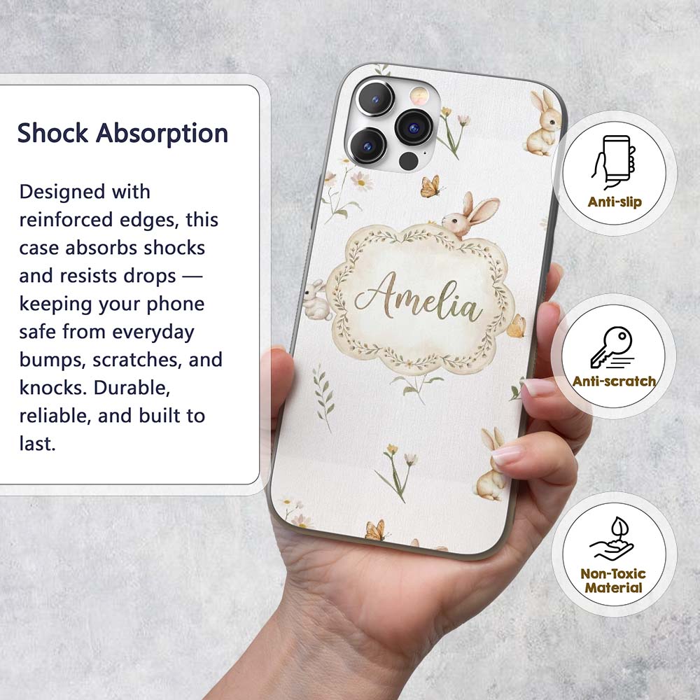 Watercolor Bunny Butterfly Floral Meadow Neutral Custom Name Protective Phone Case Mobile Cover Durable Everyday Smartphone Shock Resistant