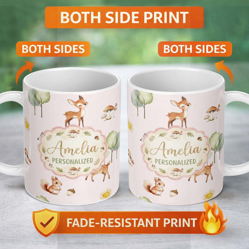 Personalized Custom Name Cute Woodland Deer Fox Squirrel Mushroom Forest Pattern Name Unique 11oz Ceramic Coffee Tea Mug White Large Handle