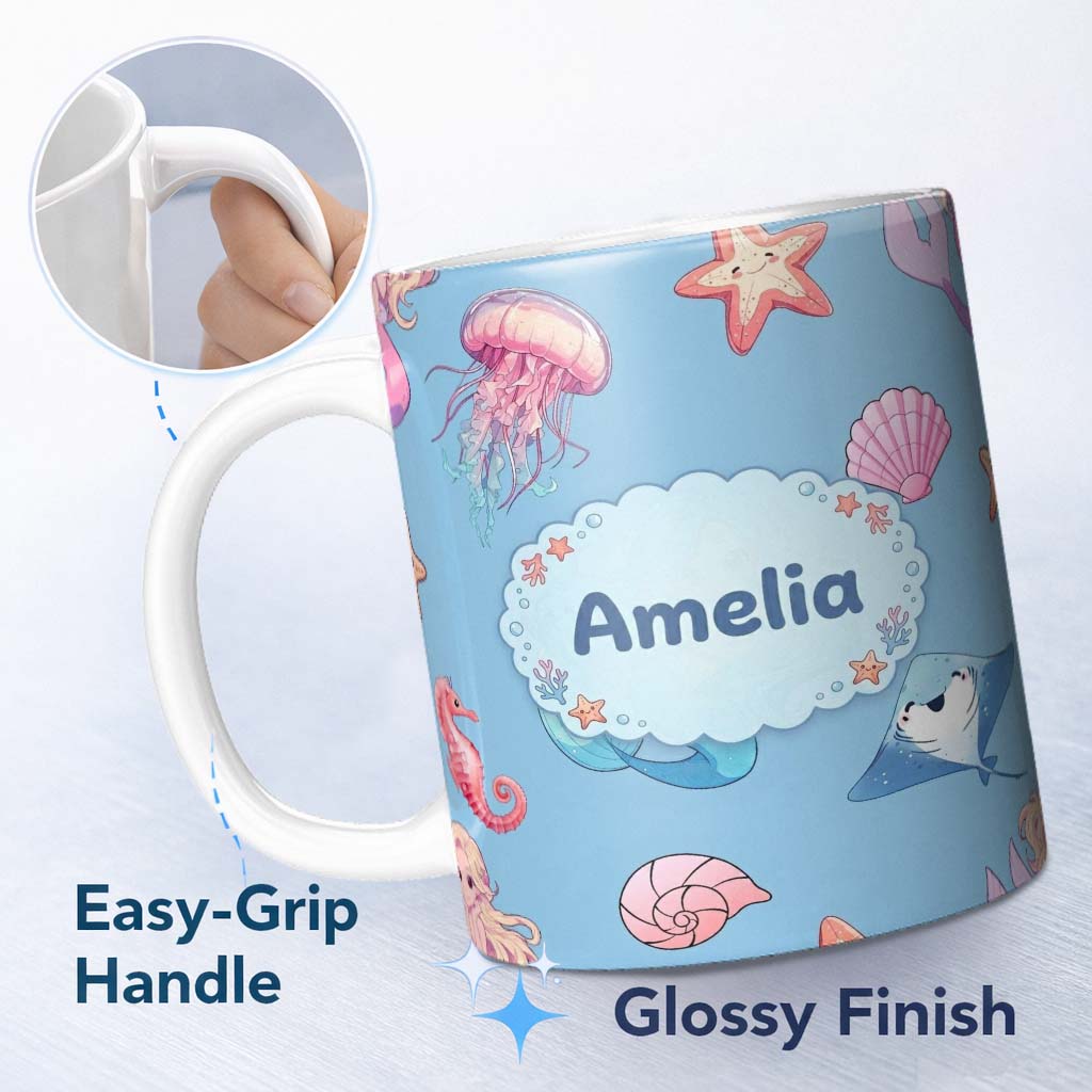Personalized Custom Name Cute Blue Hair Mermaid Jellyfish Seahorse Light Blue Background 11oz Ceramic Coffee Tea Mug White Large Handle