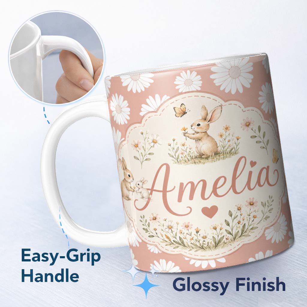 Personalized Custom Name Peach Background White Daisy Floral Seamless Pattern Name Cute 11oz Ceramic Coffee Tea Mug White Large Handle