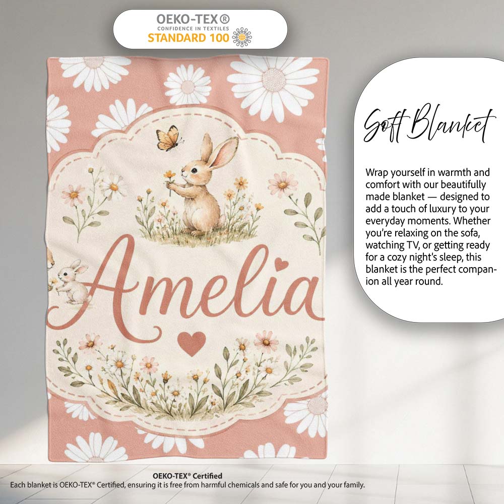 Peach Background White Daisy Floral Seamless Pattern Name Cute Personalised Custom Name Super Soft Fleece Blanket Bed Sofa Throw