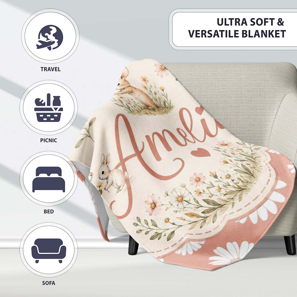 Peach Background White Daisy Floral Seamless Pattern Name Cute Personalised Custom Name Super Soft Fleece Blanket Bed Sofa Throw