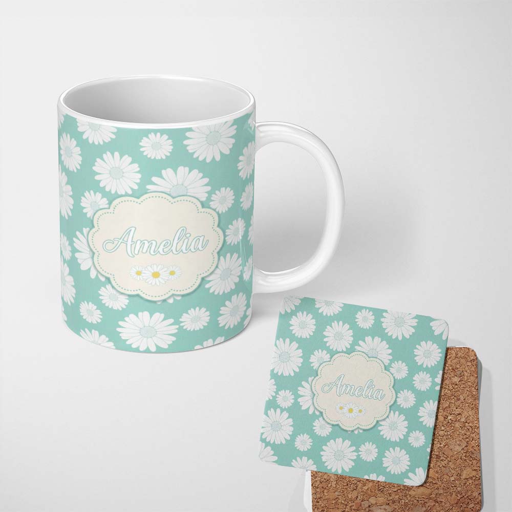 Personalized Custom Name Teal Background White Daisy Floral Seamless Pattern Name Cute 11oz Ceramic Coffee Tea Mug White Large Handle