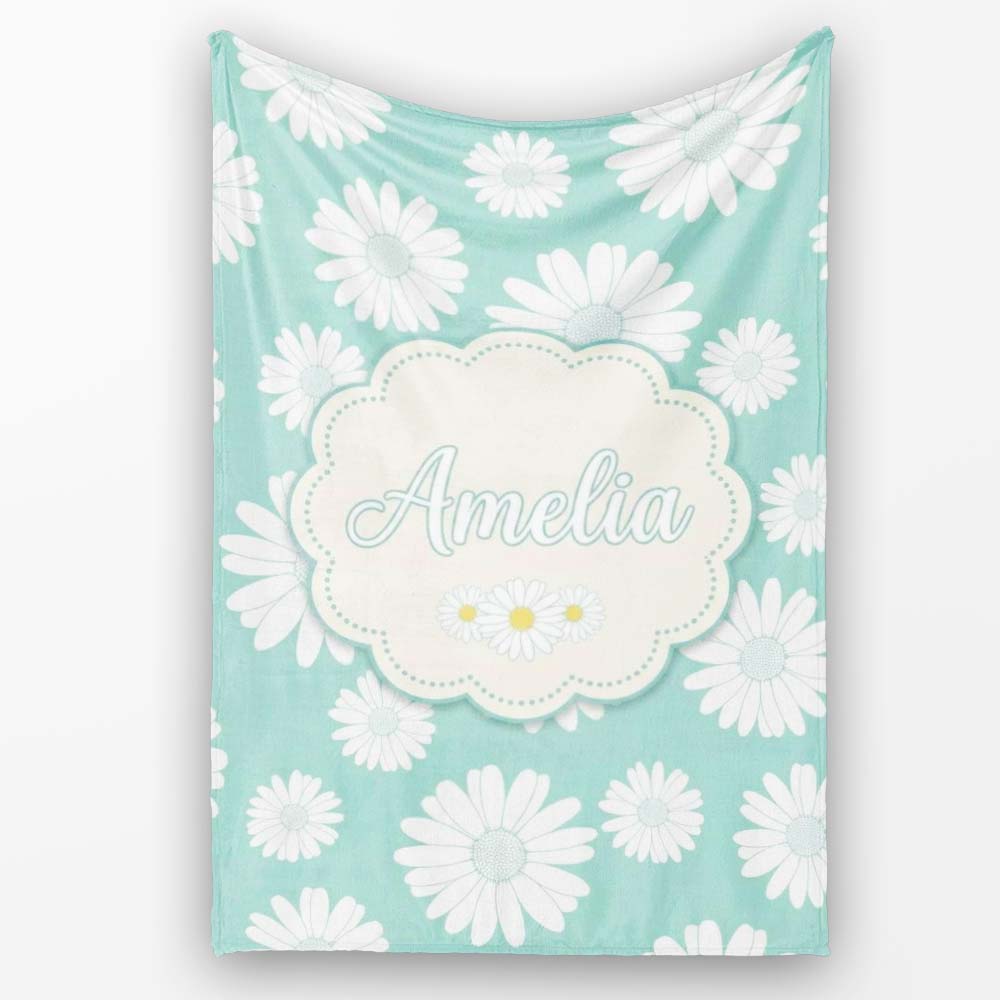 Teal Background White Daisy Floral Seamless Pattern Name Cute Personalised Custom Name Super Soft Fleece Blanket Bed Sofa Throw