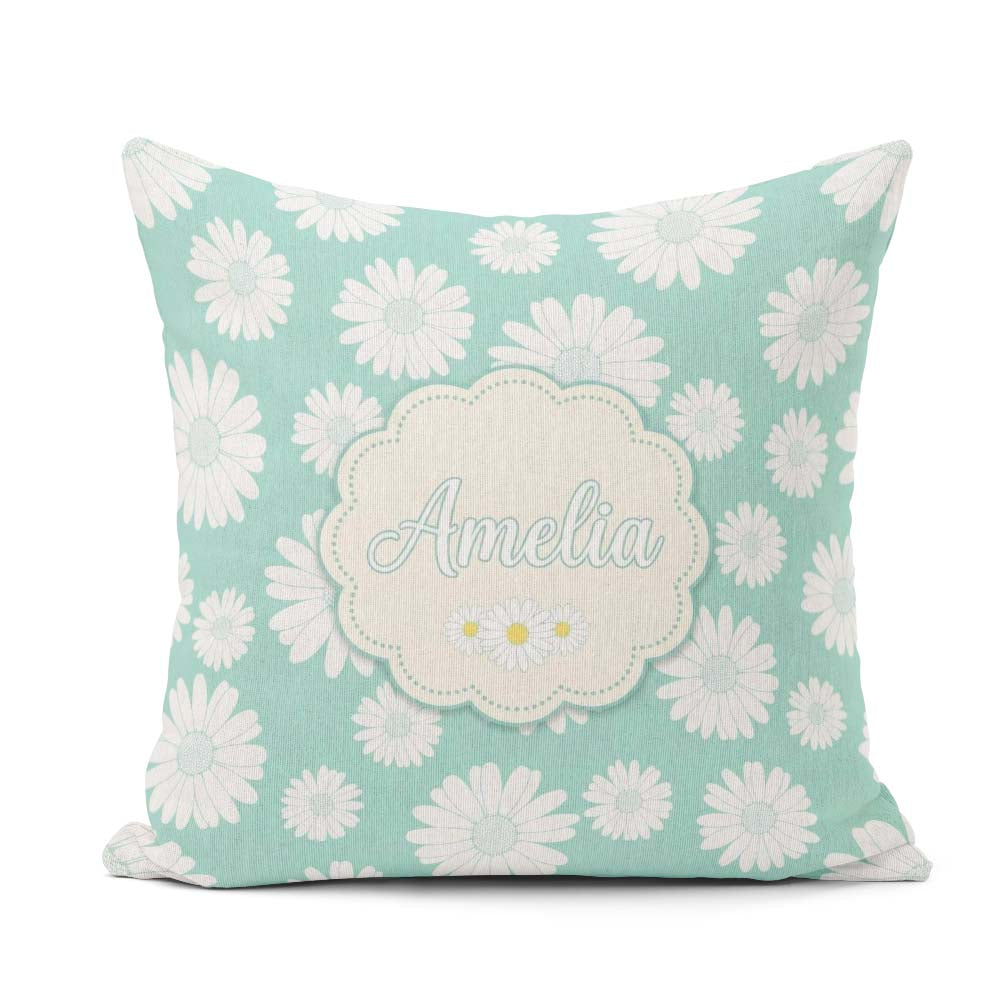 Custom Name Teal Background White Daisy Floral Pattern Name Cute Square Filled Cushion Throw Pillow Sofa Bed Home Decor Zip Washable UK Made
