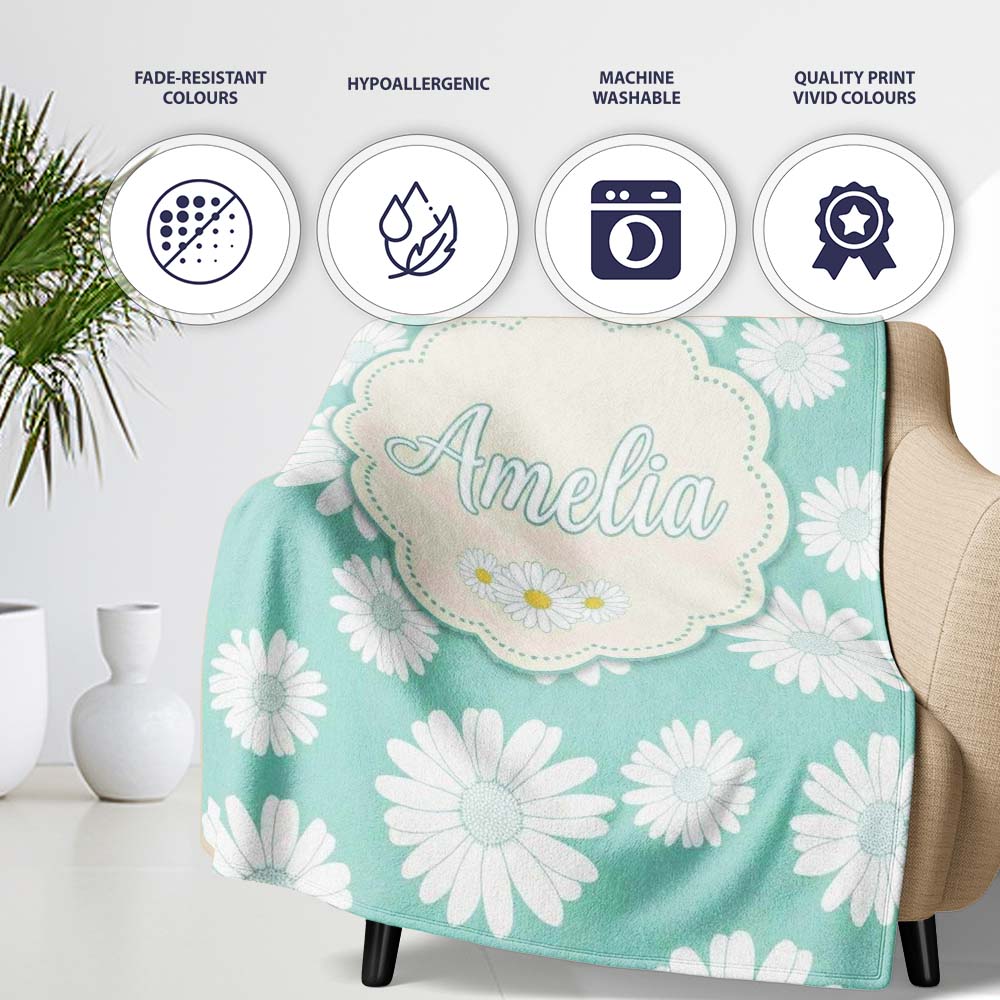 Teal Background White Daisy Floral Seamless Pattern Name Cute Personalised Custom Name Super Soft Fleece Blanket Bed Sofa Throw