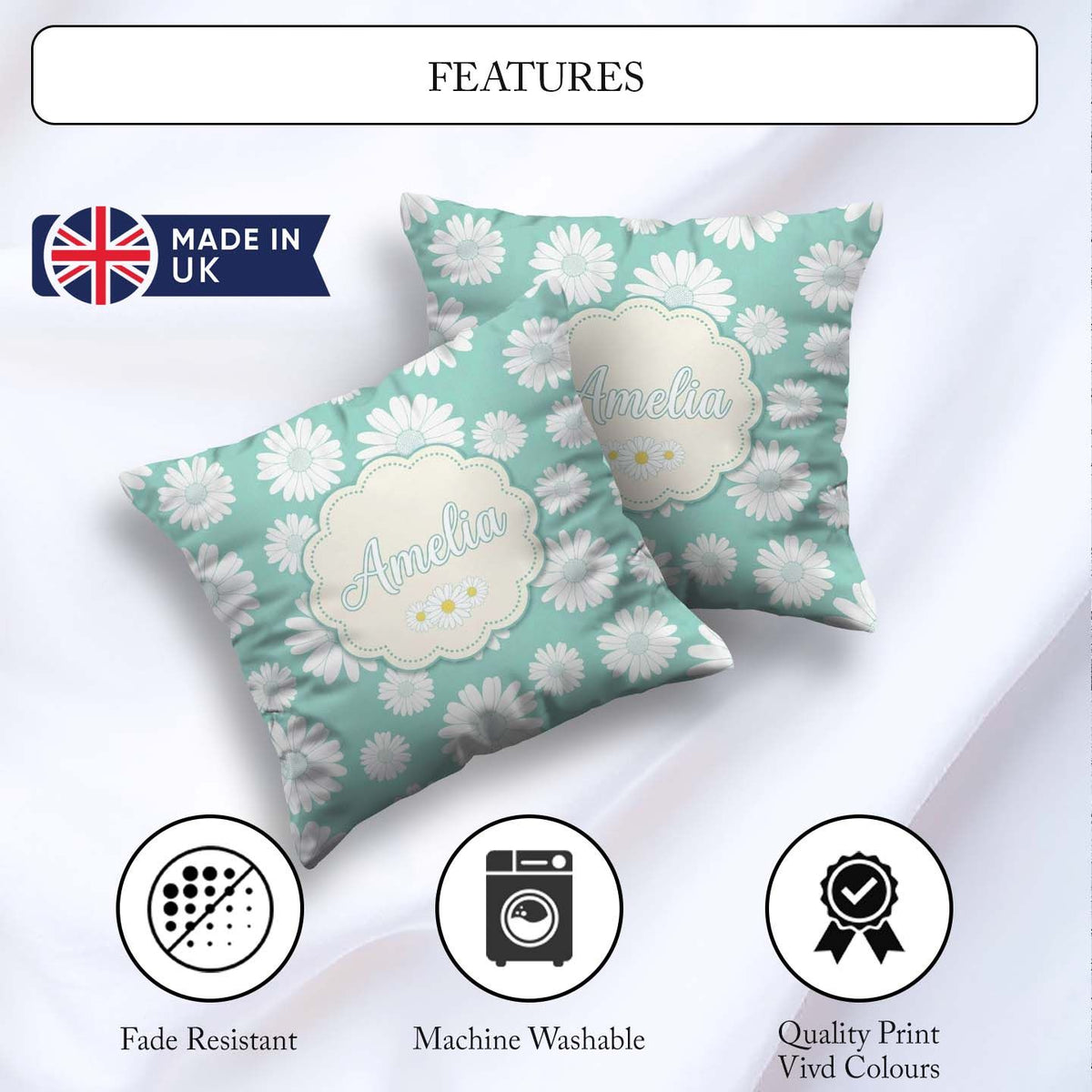 Custom Name Teal Background White Daisy Floral Pattern Name Cute Square Filled Cushion Throw Pillow Sofa Bed Home Decor Zip Washable UK Made