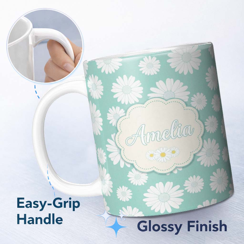 Personalized Custom Name Teal Background White Daisy Floral Seamless Pattern Name Cute 11oz Ceramic Coffee Tea Mug White Large Handle