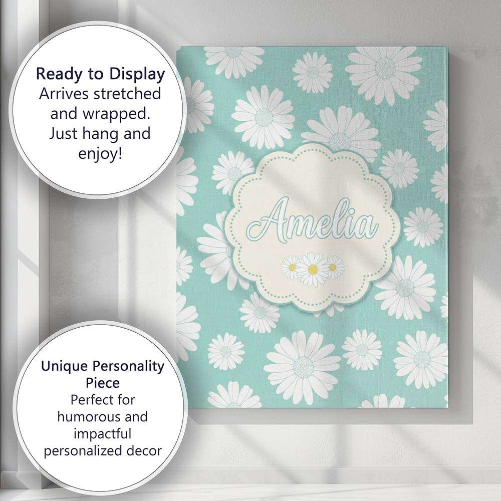 Personalised Name Teal Background White Custom Modern Room Accent Elegant Feature Canvas Wall Art Print Decor Picture Ready to Hang