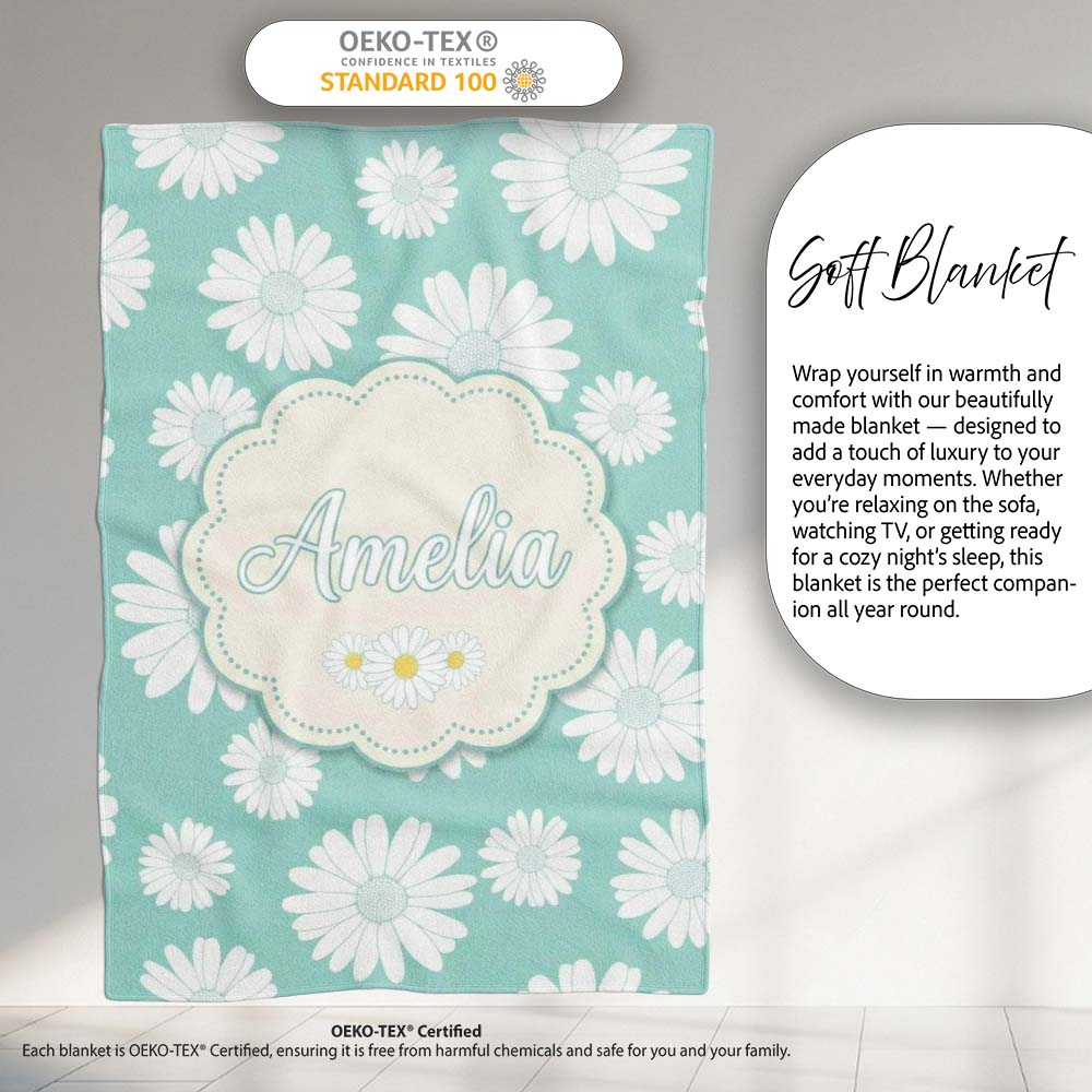 Teal Background White Daisy Floral Seamless Pattern Name Cute Personalised Custom Name Super Soft Fleece Blanket Bed Sofa Throw