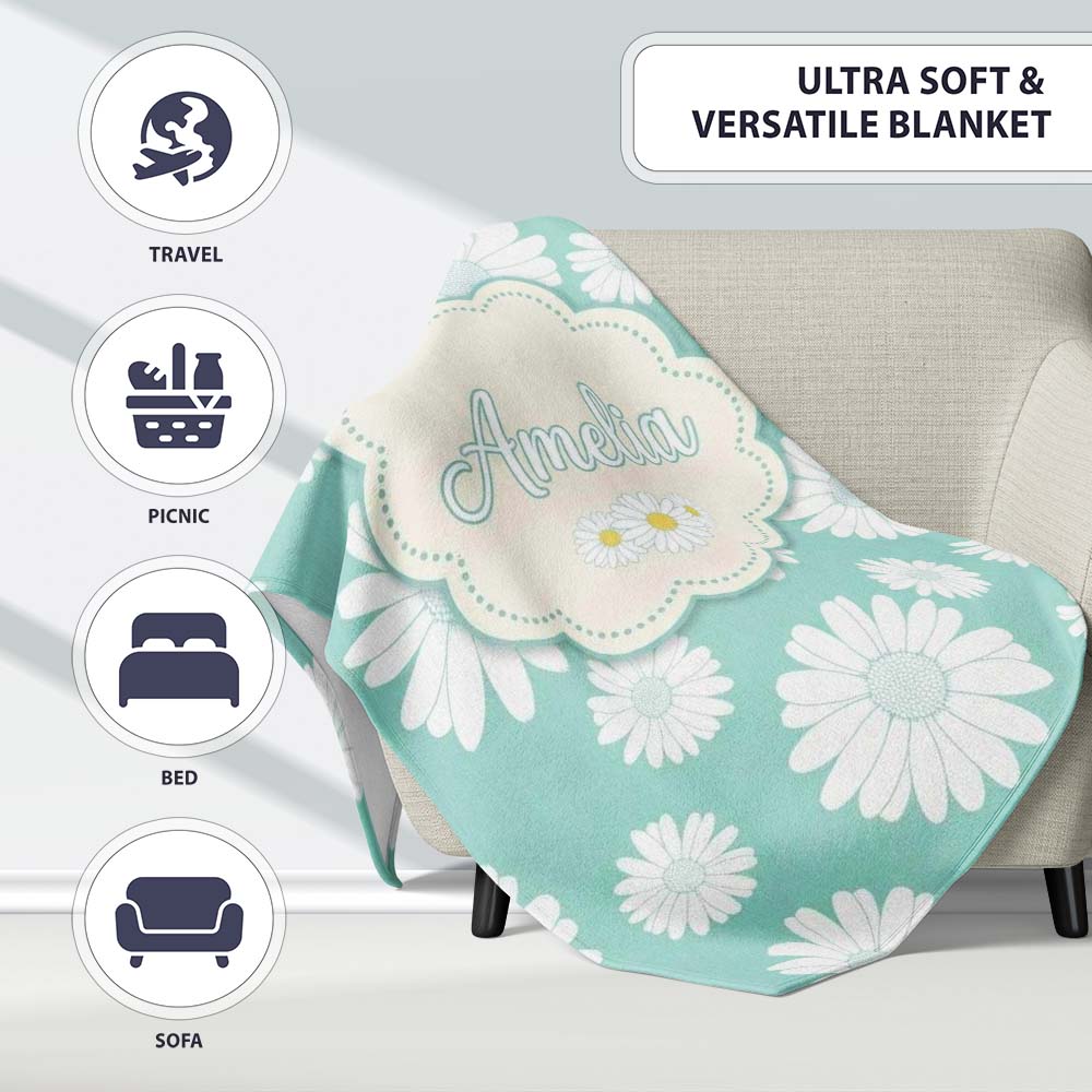Teal Background White Daisy Floral Seamless Pattern Name Cute Personalised Custom Name Super Soft Fleece Blanket Bed Sofa Throw