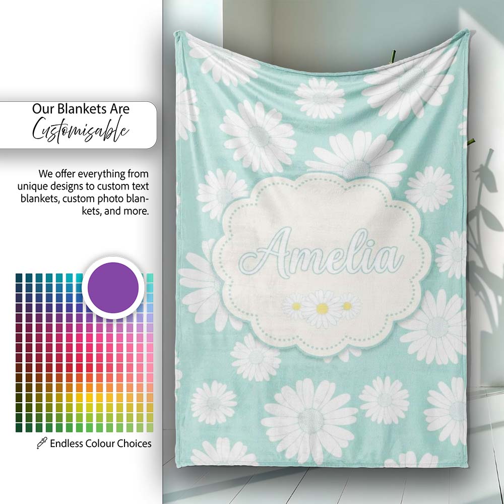 Teal Background White Daisy Floral Seamless Pattern Name Cute Personalised Custom Name Super Soft Fleece Blanket Bed Sofa Throw