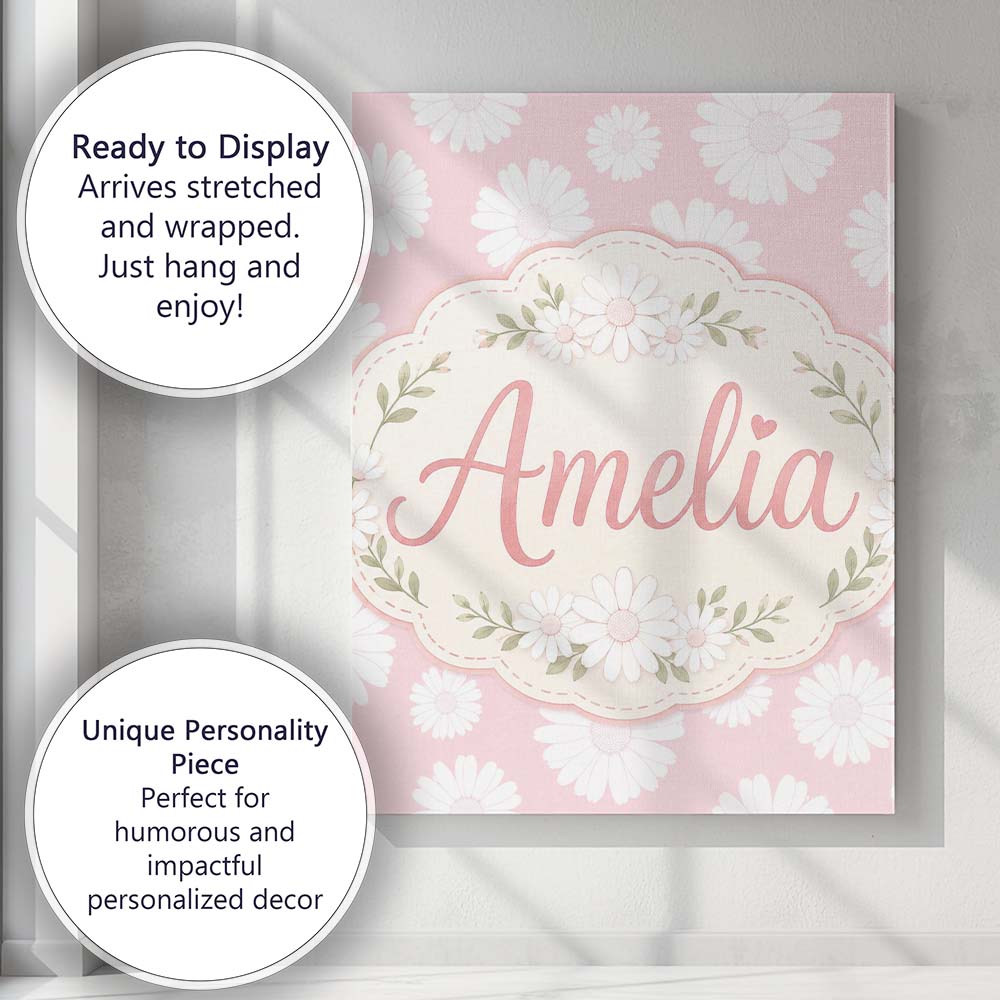 Personalised Name Soft Pink Daisy Floral Custom Unique Gift Idea Elegant Feature Canvas Wall Art Print Decor Picture Ready to Hang