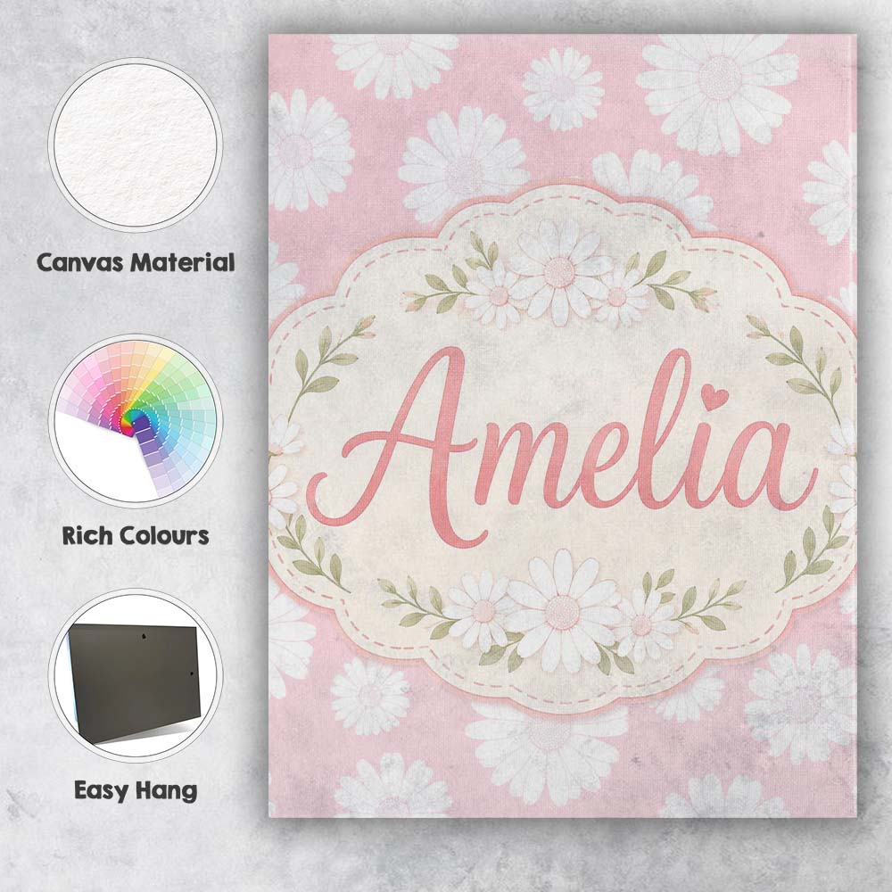 Personalised Name Soft Pink Daisy Floral Custom Unique Gift Idea Elegant Feature Canvas Wall Art Print Decor Picture Ready to Hang