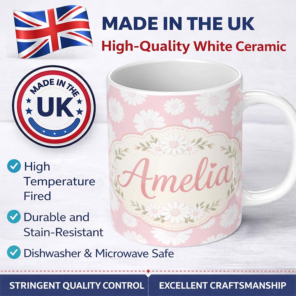 Personalized Custom Name Soft Pink Daisy Floral Seamless Pattern Pastel Flower Background 11oz Ceramic Coffee Tea Mug White Large Handle