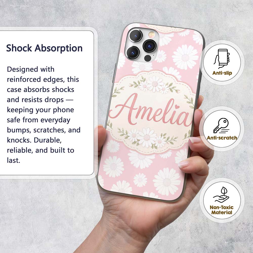 Soft Pink Daisy Floral Seamless Pattern Pastel Custom Name Protective Phone Case Mobile Cover Durable Everyday Smartphone Shock Resistant