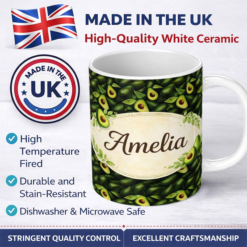 Personalized Custom Name Realistic Avocado Fruit Seamless Pattern Fresh Green Food Texture 11oz Ceramic Coffee Tea Mug White Large Handle
