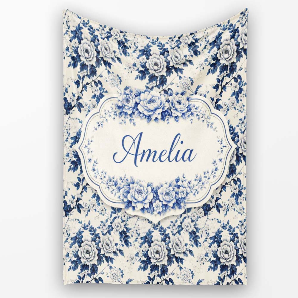 Classic Blue White Toile Floral Seamless Pattern Cute Unique Gift Personalised Custom Name Super Soft Fleece Blanket Bed Sofa Throw