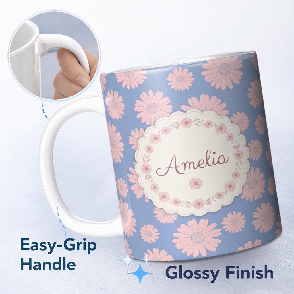 Personalized Custom Name Blue Background Peach Daisy Floral Seamless Pattern Flower Style 11oz Ceramic Coffee Tea Mug White Large Handle