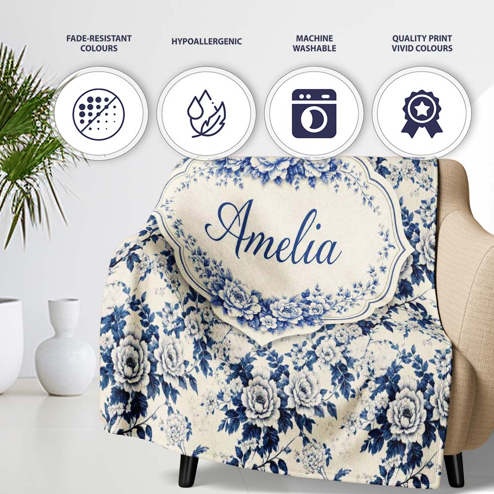 Classic Blue White Toile Floral Seamless Pattern Cute Unique Gift Personalised Custom Name Super Soft Fleece Blanket Bed Sofa Throw