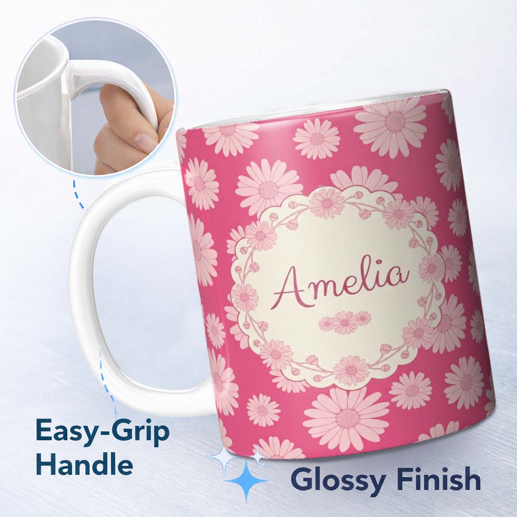 Personalized Custom Name Pink Gradient Daisy Floral Repeat Pattern Soft Feminine Design Name 11oz Ceramic Coffee Tea Mug White Large Handle