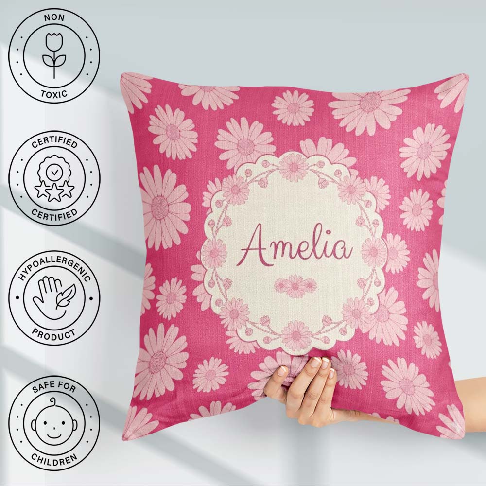 Custom Name Pink Gradient Daisy Floral Repeat Soft Feminine Name Square Filled Cushion Throw Pillow Sofa Bed Home Decor Zip Washable UK Made