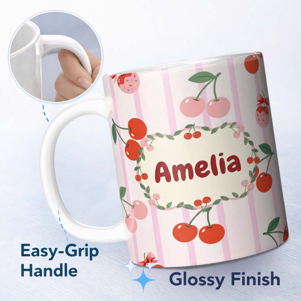 Personalized Custom Name Cute Cherry Fruit with Bow and Sprinkles Pattern Pink Stripe Lovely 11oz Ceramic Coffee Tea Mug White Large Handle