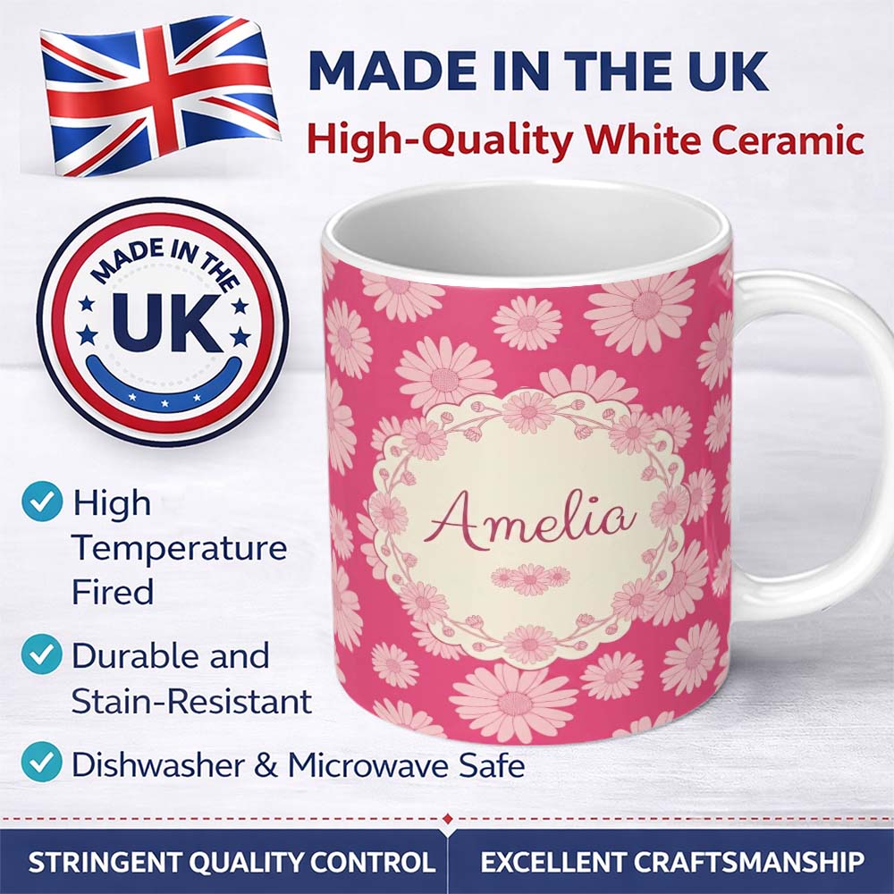 Personalized Custom Name Pink Gradient Daisy Floral Repeat Pattern Soft Feminine Design Name 11oz Ceramic Coffee Tea Mug White Large Handle