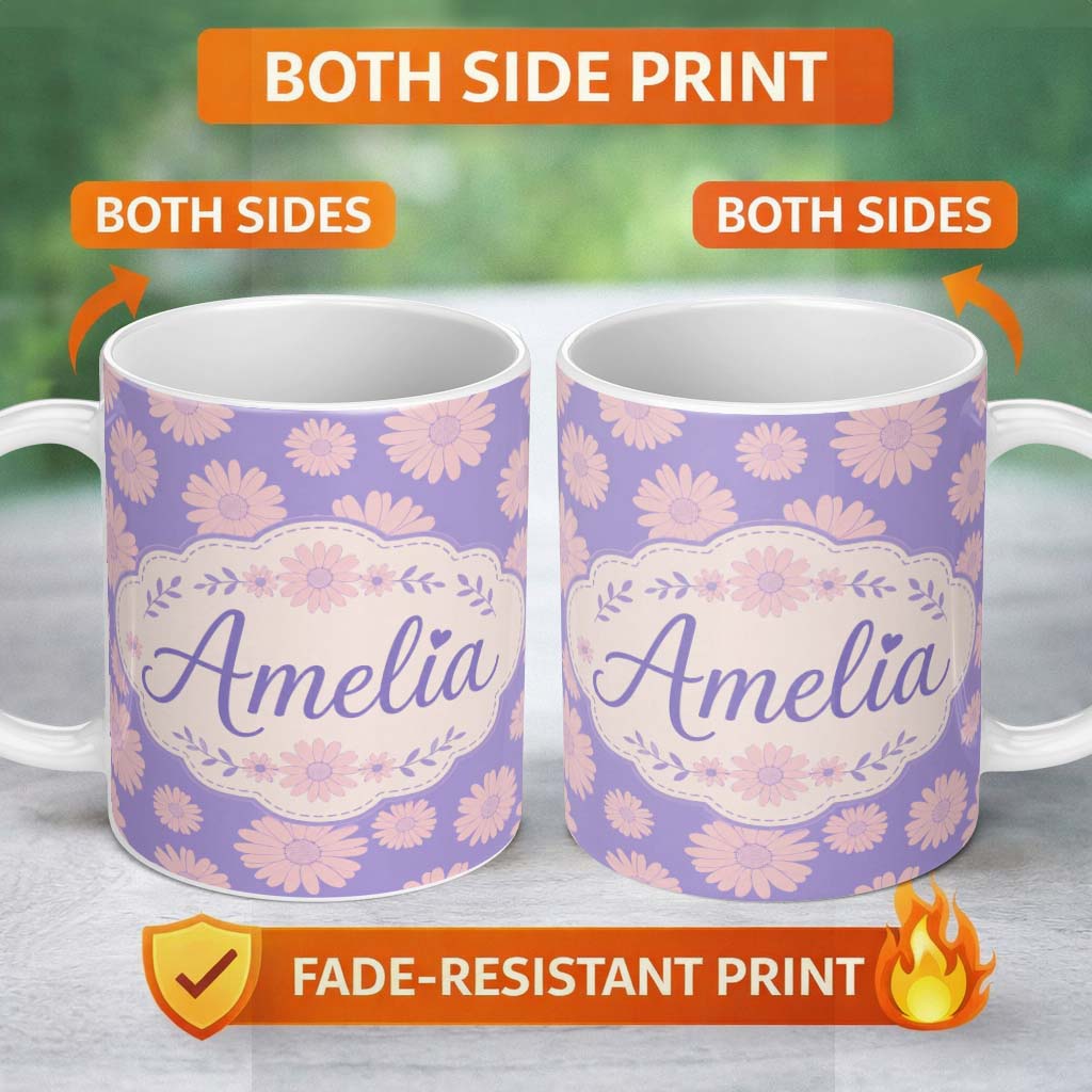 Personalized Custom Name Purple Gradient Daisy Flower Seamless Pattern Pastel Floral Name 11oz Ceramic Coffee Tea Mug White Large Handle