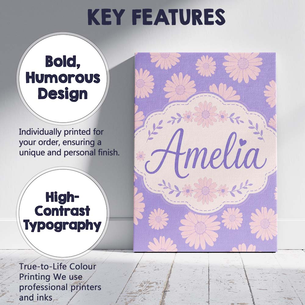 Personalised Name Purple Gradient Daisy Custom Modern Room Accent Elegant Feature Canvas Wall Art Print Decor Picture Ready to Hang