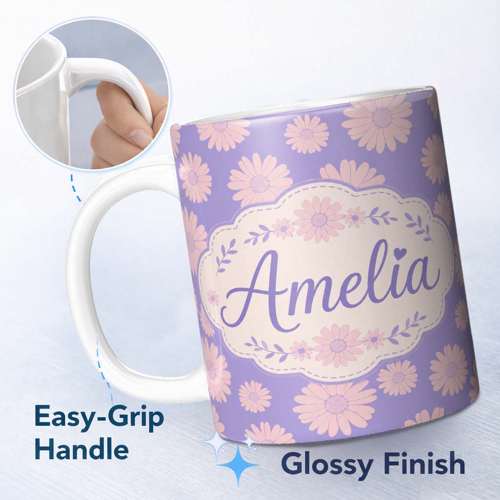 Personalized Custom Name Purple Gradient Daisy Flower Seamless Pattern Pastel Floral Name 11oz Ceramic Coffee Tea Mug White Large Handle