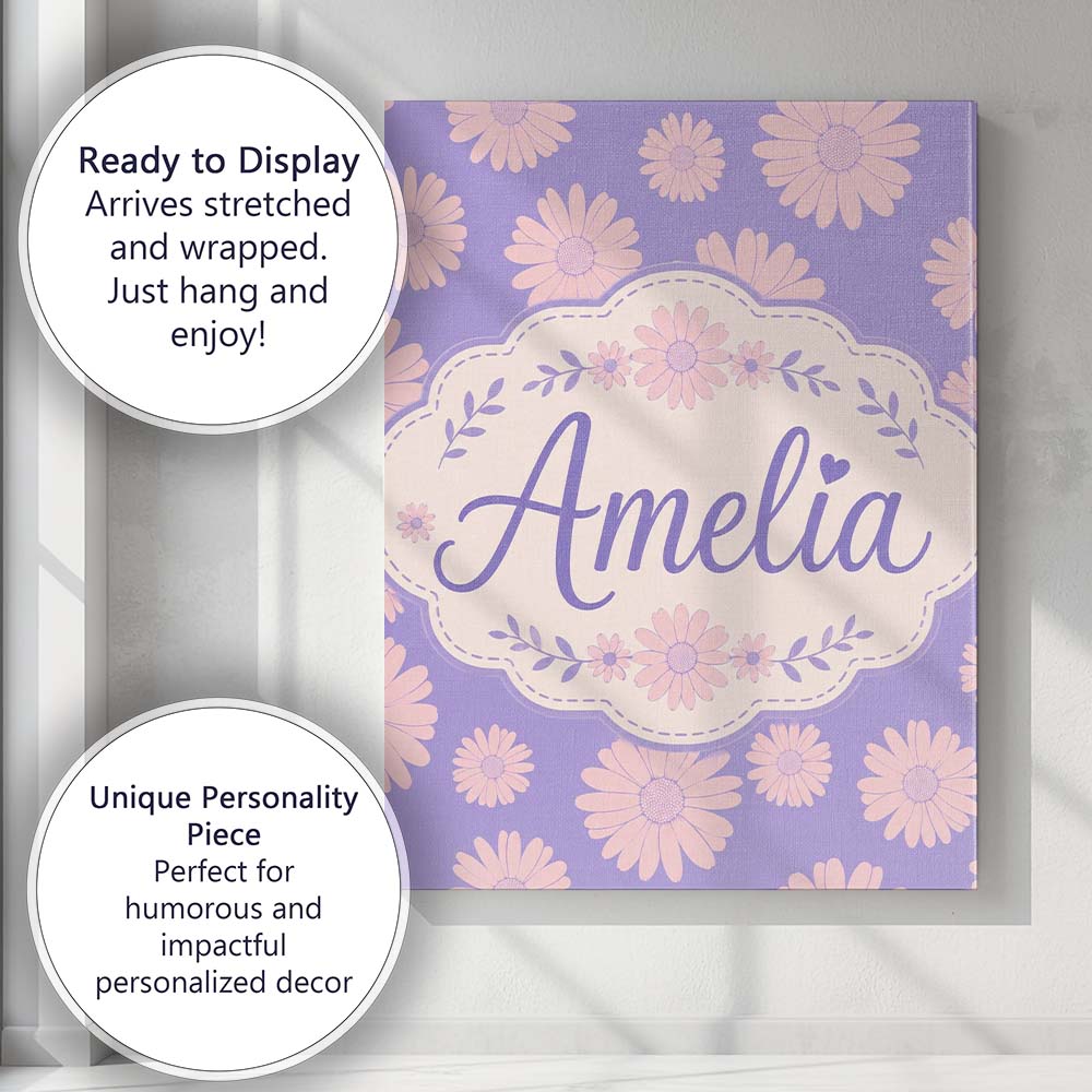 Personalised Name Purple Gradient Daisy Custom Modern Room Accent Elegant Feature Canvas Wall Art Print Decor Picture Ready to Hang
