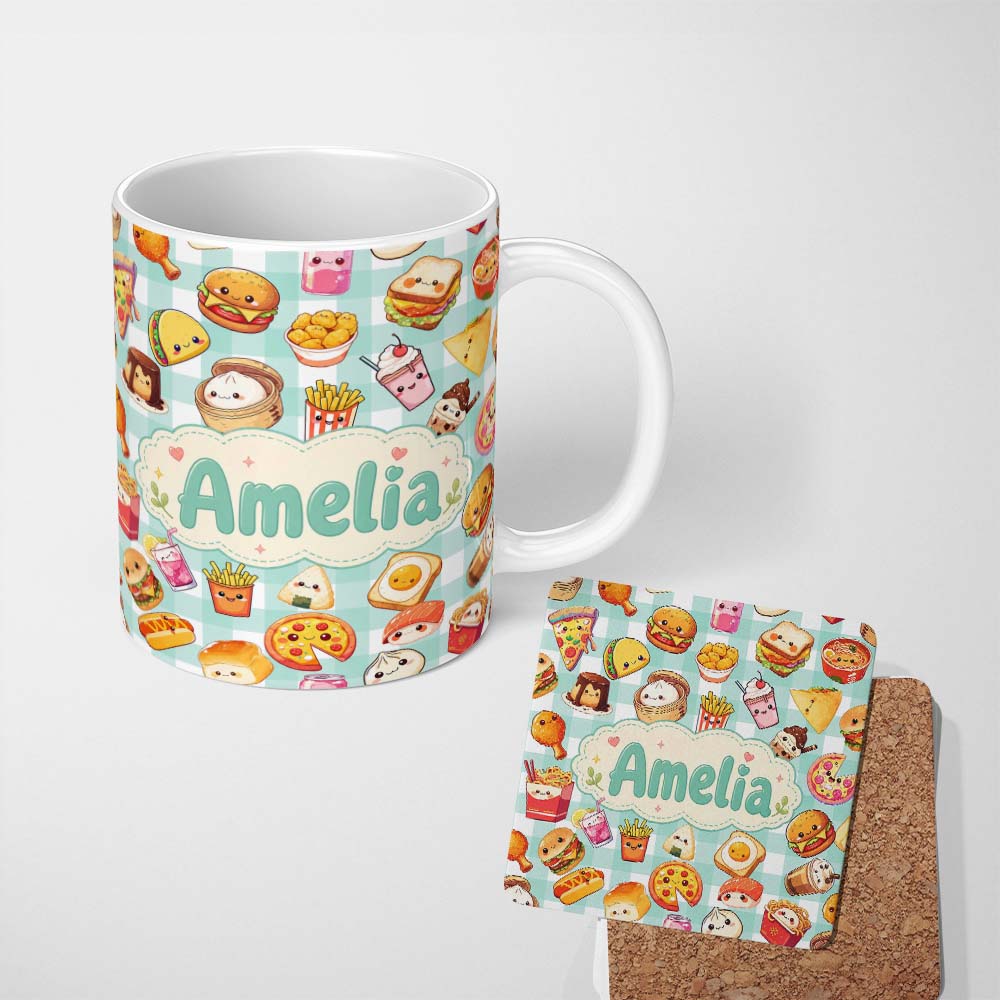 Personalized Custom Name Kawaii Fast Food Burger Sushi Taco Pizza Mint Gingham Seamless 11oz Ceramic Coffee Tea Mug White Large Handle