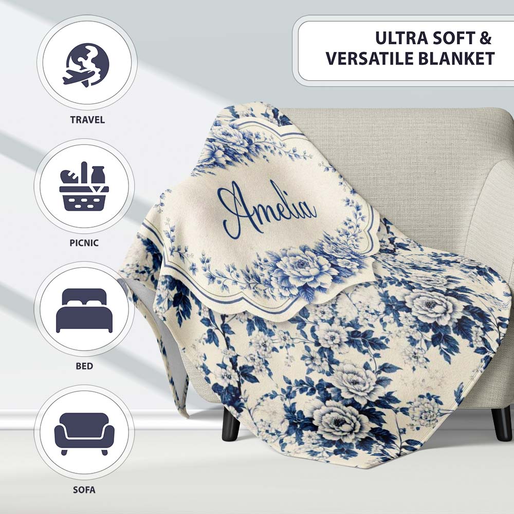 Classic Blue White Toile Floral Seamless Pattern Cute Unique Gift Personalised Custom Name Super Soft Fleece Blanket Bed Sofa Throw