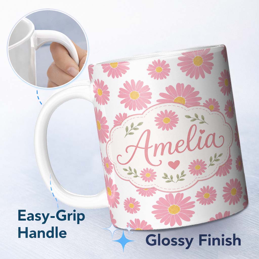 Personalized Custom Name Grey Background Pink Daisy Floral Seamless Pattern Bright Center 11oz Ceramic Coffee Tea Mug White Large Handle