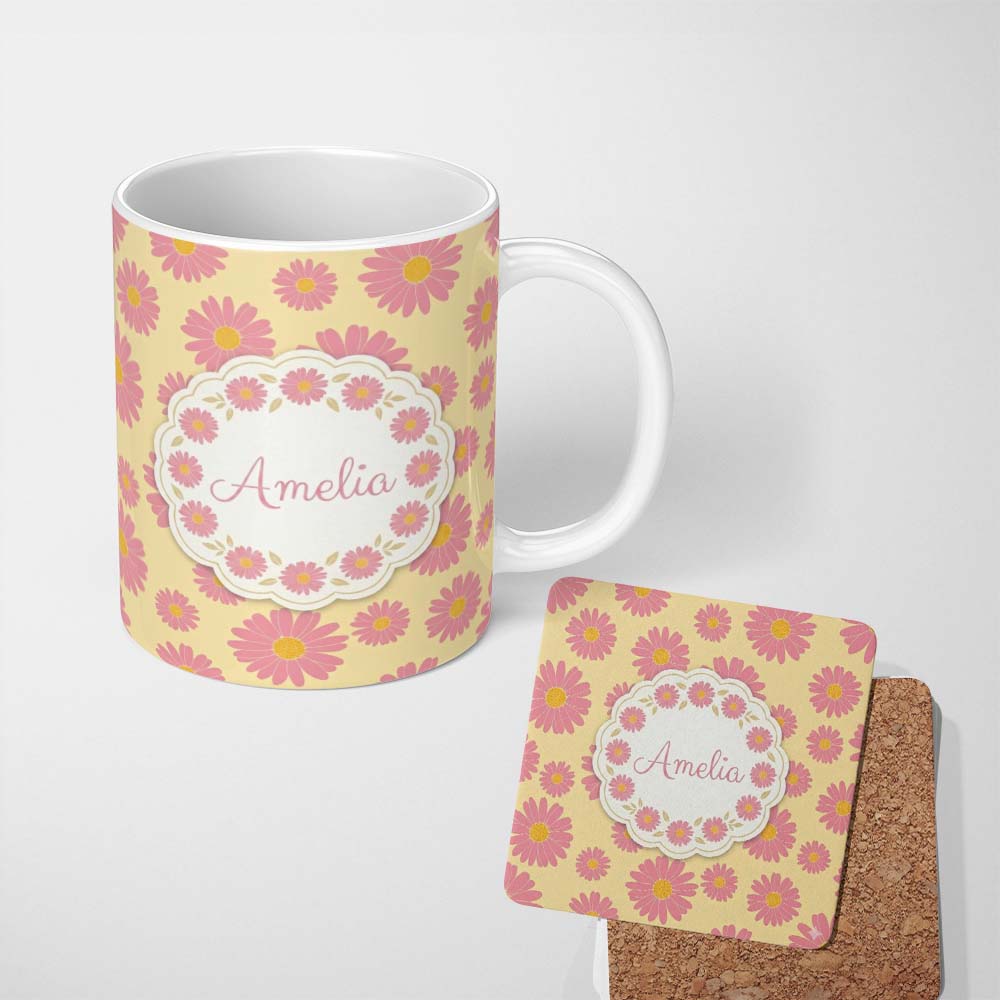 Personalized Custom Name Yellow Gradient Pink Daisy Floral Seamless Pattern Vintage Style 11oz Ceramic Coffee Tea Mug White Large Handle
