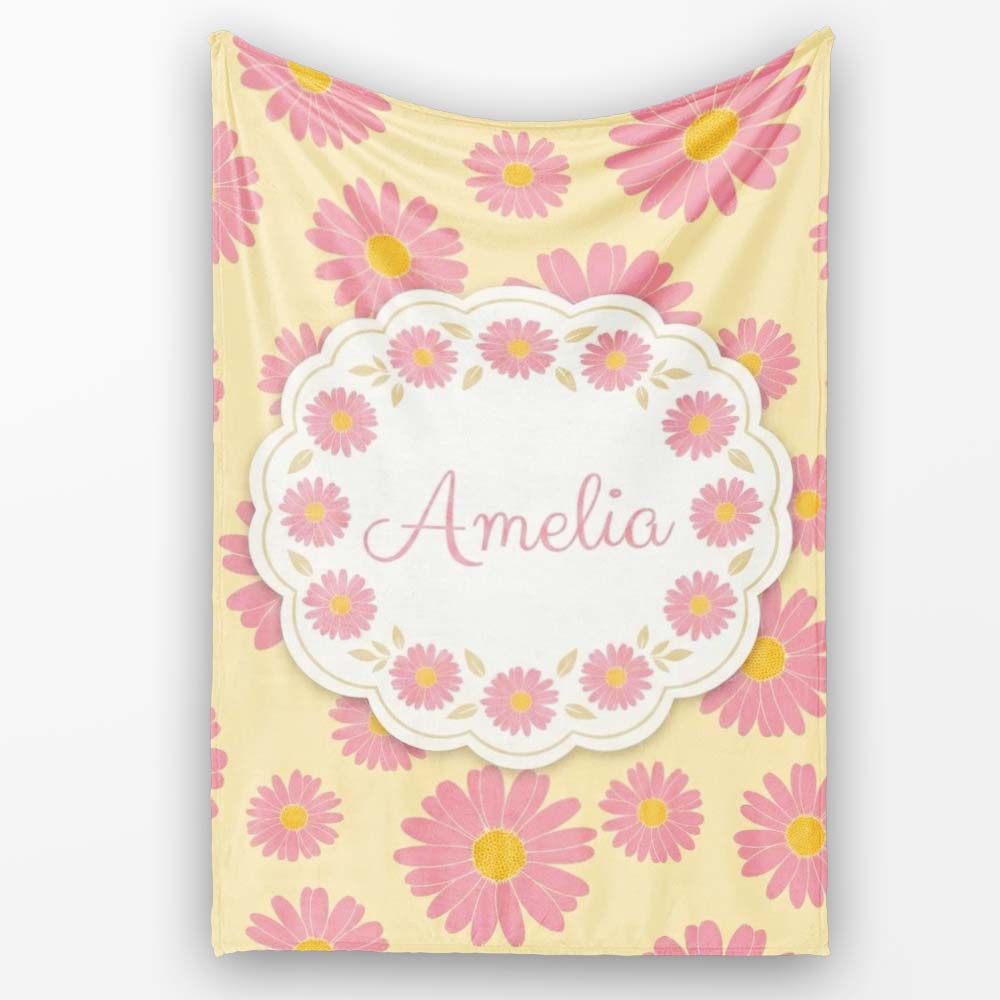 Yellow Gradient Pink Daisy Floral Seamless Pattern Vintage Style Personalised Custom Name Super Soft Fleece Blanket Bed Sofa Throw