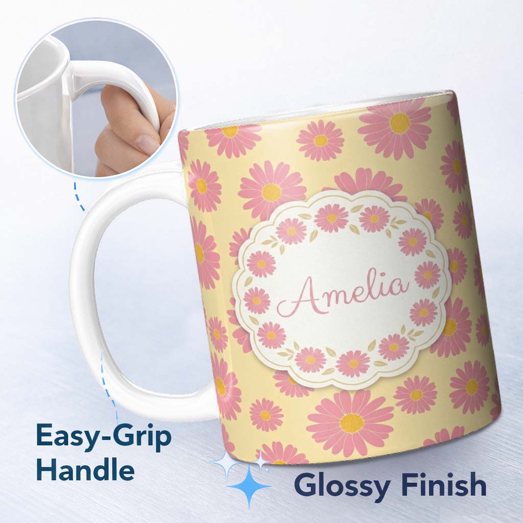 Personalized Custom Name Yellow Gradient Pink Daisy Floral Seamless Pattern Vintage Style 11oz Ceramic Coffee Tea Mug White Large Handle