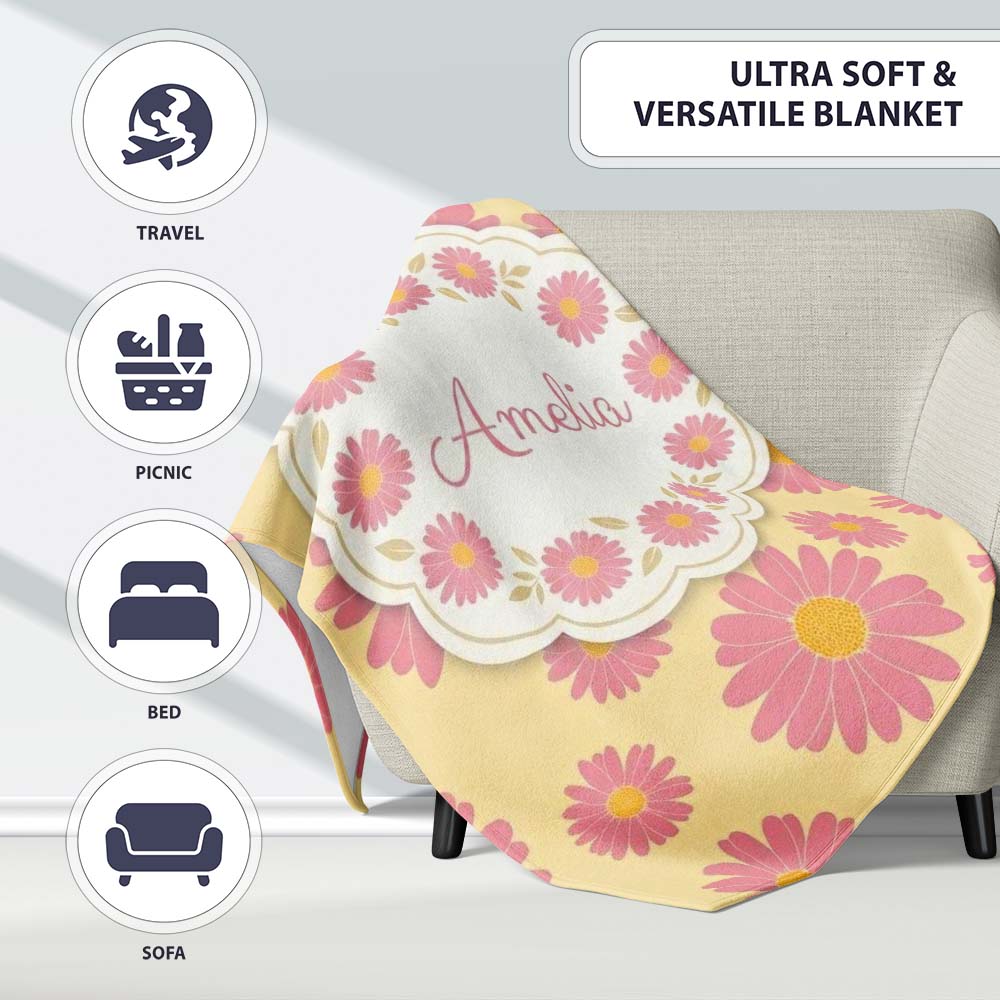 Yellow Gradient Pink Daisy Floral Seamless Pattern Vintage Style Personalised Custom Name Super Soft Fleece Blanket Bed Sofa Throw