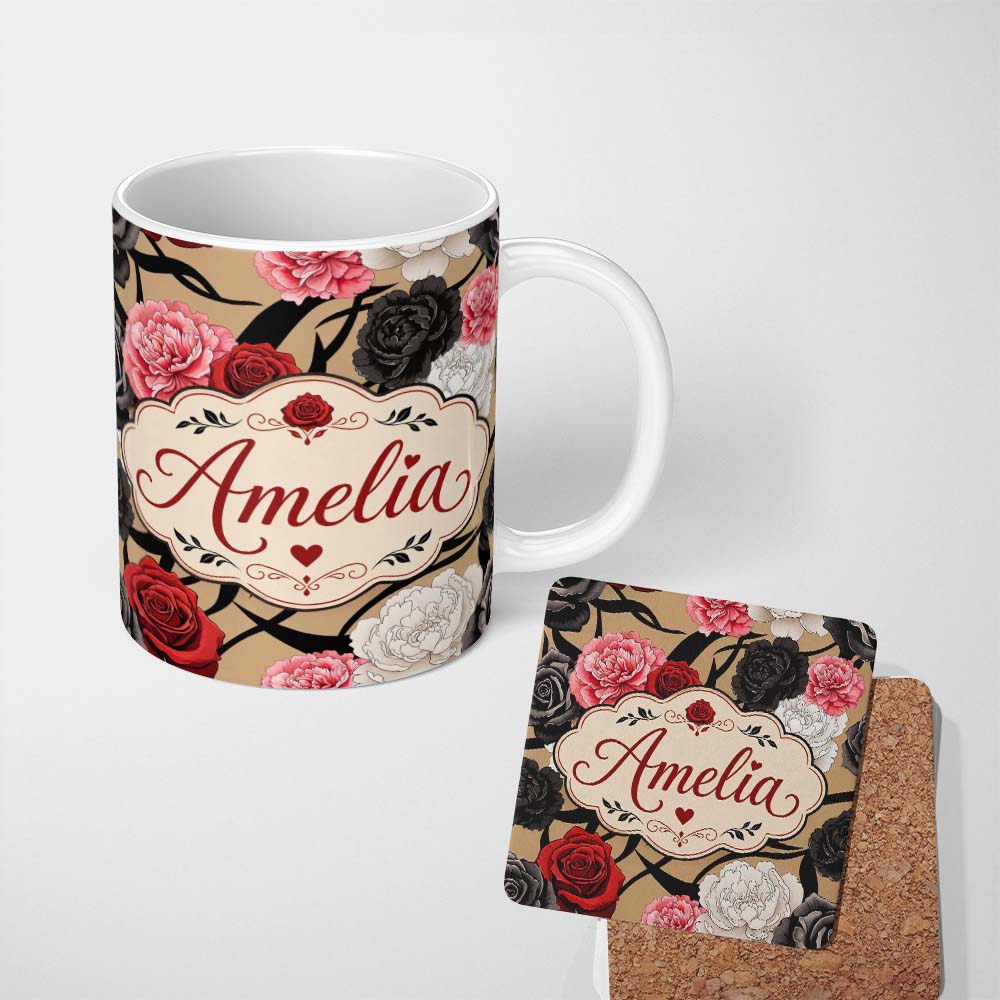 Personalized Custom Name Elegant Rose Floral Pattern Red Black Cream Flowers Seamless Design 11oz Ceramic Coffee Tea Mug White Large Handle