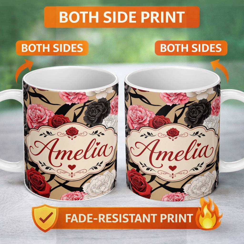 Personalized Custom Name Elegant Rose Floral Pattern Red Black Cream Flowers Seamless Design 11oz Ceramic Coffee Tea Mug White Large Handle