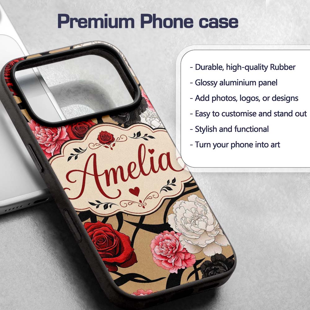 Elegant Rose Floral Pattern Red Printed Design Custom Name Protective Phone Case Mobile Cover Durable Everyday Smartphone Shock Resistant