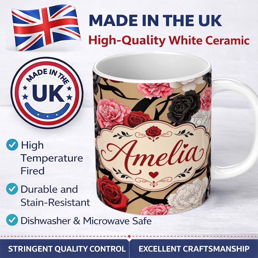 Personalized Custom Name Elegant Rose Floral Pattern Red Black Cream Flowers Seamless Design 11oz Ceramic Coffee Tea Mug White Large Handle